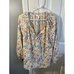Lauren Conrad Womens L Multicolor Floral Blouse V-Neck With Tie